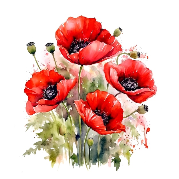 Une composition de coquelicots rouges à l'aquarelle sur fond blanc Modèle pour impression sur tissu