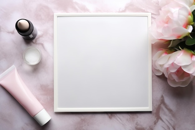 Photo composition à couche plate avec une feuille blanche de papier et des produits cosmétiques