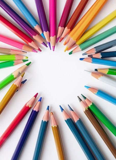 Composition de crayons multicolores sur fond blanc ai généré