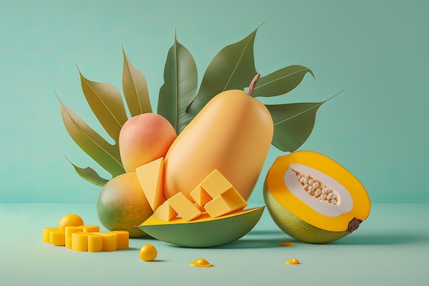 Composition créative avec des feuilles de mangue et de palmier sur fond pastel Concept minimal d'été AI générative