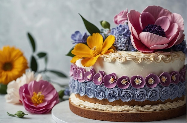 Composition créative d'un gâteau à thème floral orné de pétales délicats