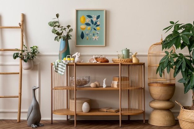 Composition créative de l'intérieur du salon de Pâques de printemps avec une plante de buffet en bois de cadre d'affiche maquette dans un vase de sculpture de lièvre de panier avec des feuilles et des accessoires personnels Modèle de décoration