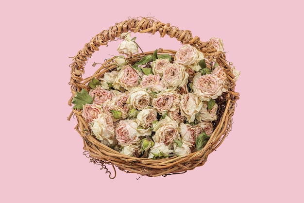 Composition créative avec des roses sèches et délicates dans un panier en osier fait maison Carte de vœux à fond rose pastel