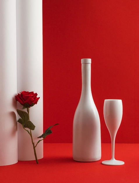 Composition créative de la Saint-Valentin avec une bouteille de champagne blanche, un verre blanc et une fleur de rose rouge