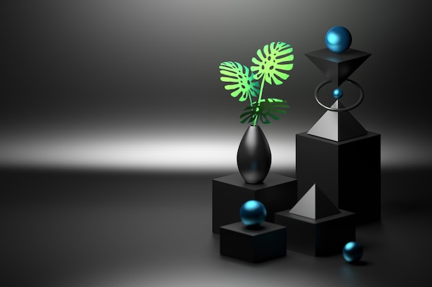 Composition avec cubes, sphères, pyramides et vase avec monstera de couleur noire