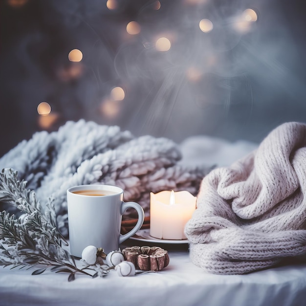 Composition décorative d'hiver confortable aux couleurs blanc et beige décor d'hiver chaleureux avec tasse à café et