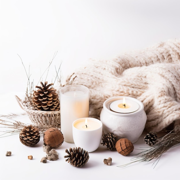 Composition décorative d'hiver confortable aux couleurs blanc et beige décor d'hiver chaleureux avec tasse à café et