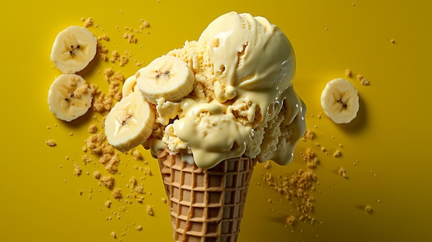 Composition avec un délicieux cornet de glace à la banane sur fond jaune