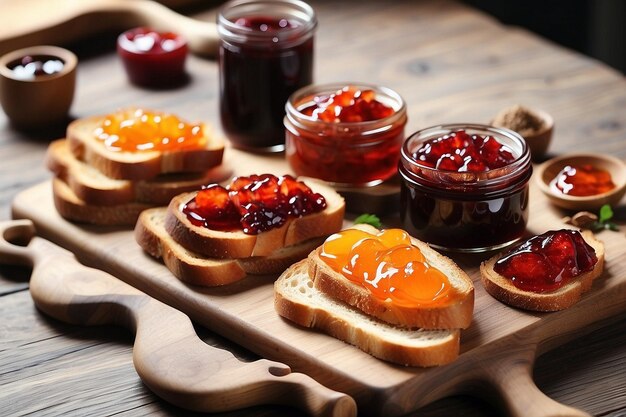 Photo composition avec de délicieux toasts avec de la confiture sur planche de bois