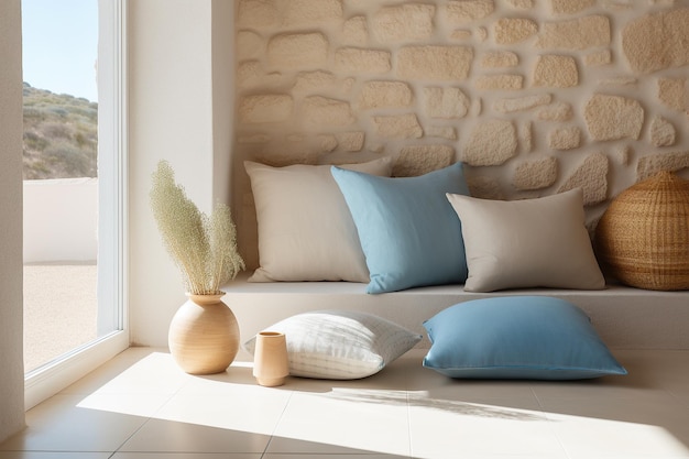 Composition de design d'intérieur méditerranéen avec des oreillers Concept minimaliste IA générative