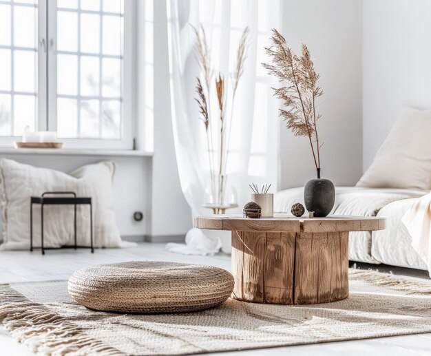 Composition de design d'intérieur minimaliste dans une pièce lumineuse avec un décor scandinave et zen Intérieurs de maison dans un style luxueux