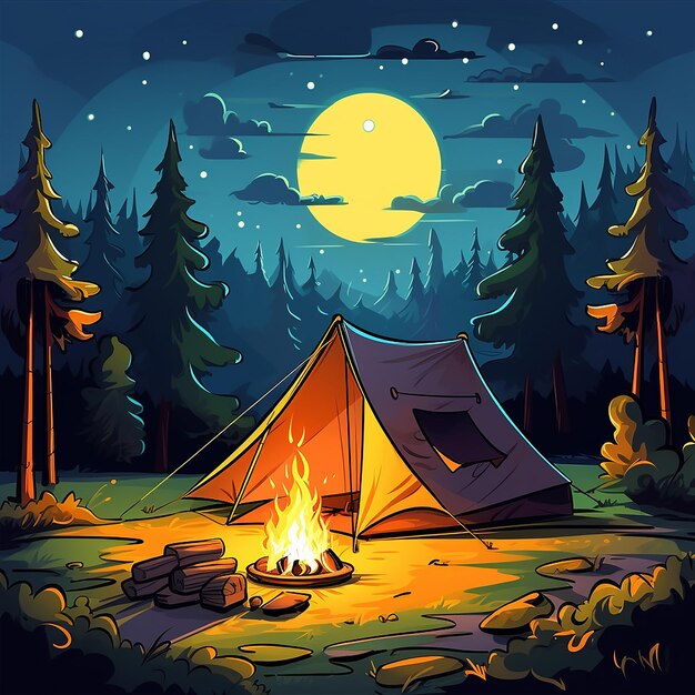 Composition de dessin animé de camping avec pot de lampe de tente jaune avec dîner sur le ciel nocturne de feu