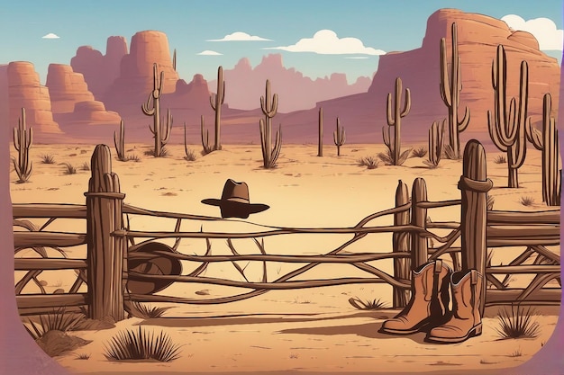 composition de dessins animés de l'ouest sauvage avec paysage extérieur du désert avec des bottes de cow-boy et un chapeau