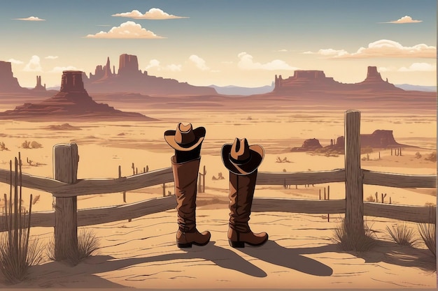 Photo composition de dessins animés de l'ouest sauvage avec paysage extérieur du désert avec des bottes de cow-boy et un chapeau