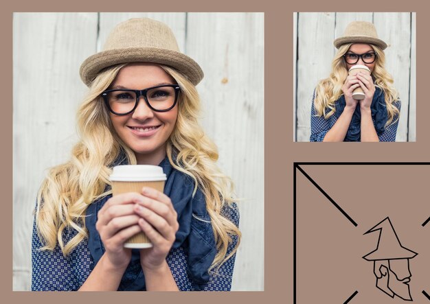 Composition de deux photographies avec femme buvant du café et illustration sur fond beige