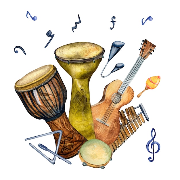 Composition de divers instruments de musique à percussion illustration aquarelle isolée