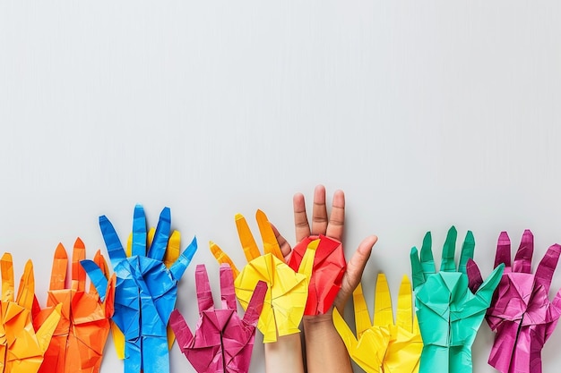 Composition diversifiée de mains de papier de différentes couleurs avec un cœur arc-en-ciel