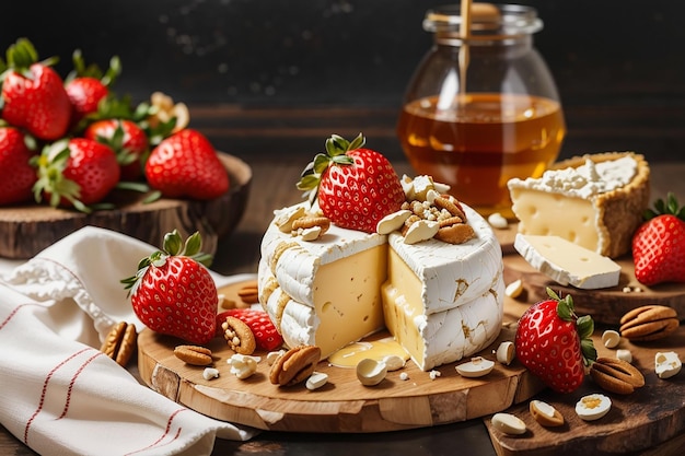 Composition avec du camembert, des noix, des fraises et du miel