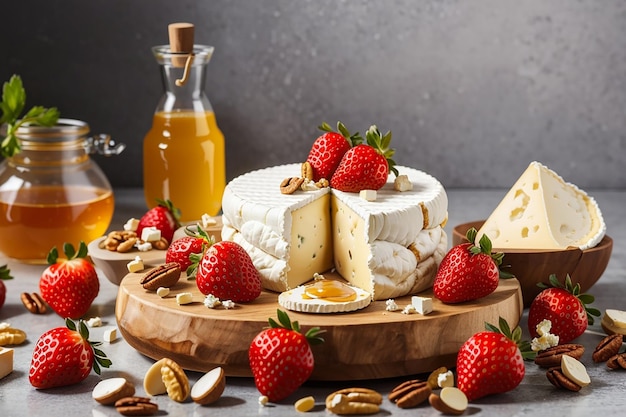 Composition avec du camembert, des noix, des fraises et du miel