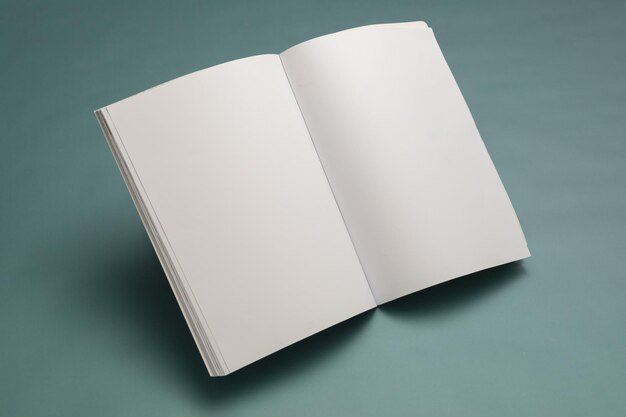 Photo composition du livre ouvert avec des pages blanches sur fond bleu