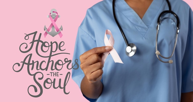 Composition du logo de l'ancre du ruban rose et du texte de l'espoir, avec une femme médecin