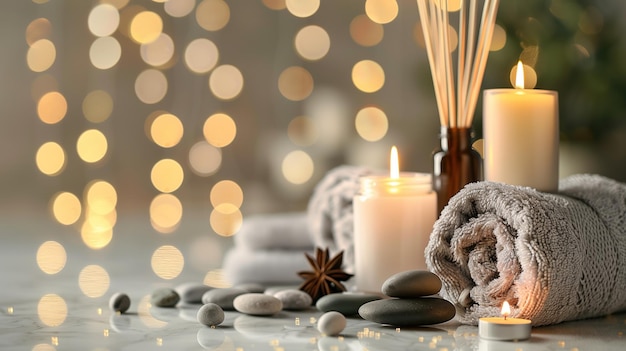 Composition du spa Des serviettes des pierres des roseaux du rafraîchisseur d'air et des bougies brûlantes sur une table en marbre blanc contre b