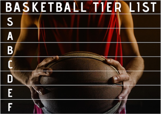 Photo composition du texte de la liste des niveaux de basket-ball et de la grille des niveaux sur le joueur tenant le ballon sur fond noir