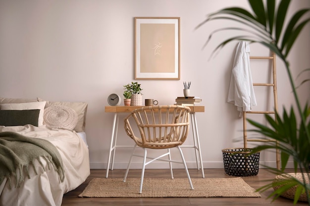 Composition élégante d'une chambre confortable avec un fauteuil de plantes de literie beige maquette et un bureau en bois Maquette d'affiche avec cadre en bois Modèle de décoration pour la maison