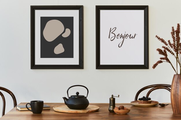 Composition élégante d'un design d'intérieur de cuisine moderne avec des cadres d'affiches, une console noire, une théière et des accessoires de cuisine. Modèle. Ambiance d'automne.