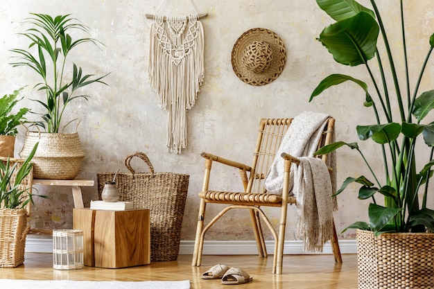 Composition élégante et florale de l'intérieur du salon avec fauteuil en rotin, beaucoup de plantes tropicales dans des pots design.