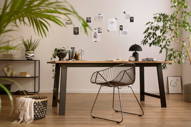 La composition élégante d'un intérieur de bureau confortable avec une affiche de plantes de table en bois de chaise en métal et des accessoires personnels Modèle de décor Homne