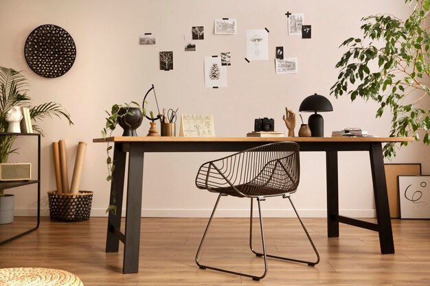 La composition élégante d'un intérieur de bureau confortable avec une affiche de plantes de table en bois de chaise en métal et des accessoires personnels