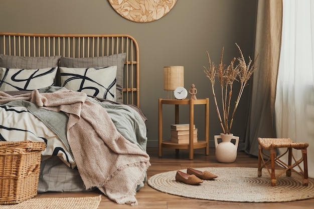 Composition élégante de l'intérieur de la chambre avec lit en bois, meubles, tapis décro, tabouret, décoration en rotin, vases et accessoires élégants. Beaux draps, couvertures et oreillers. Décor à la maison confortable.