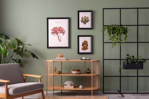 La composition élégante à l'intérieur du salon avec une console en bois et des accessoires personnels élégants Maquette affiche Mur végétalisé Plantes dans un appartement confortable Modèle de décoration