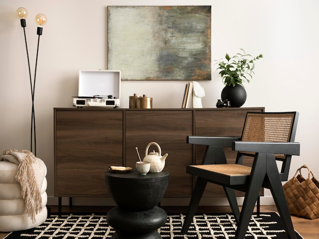 La composition élégante à l'intérieur du salon avec des maquettes de chaises en rotin et d'accessoires personnels élégants Mur blanc avec image moderne Appartement confortable Maquette posterxD