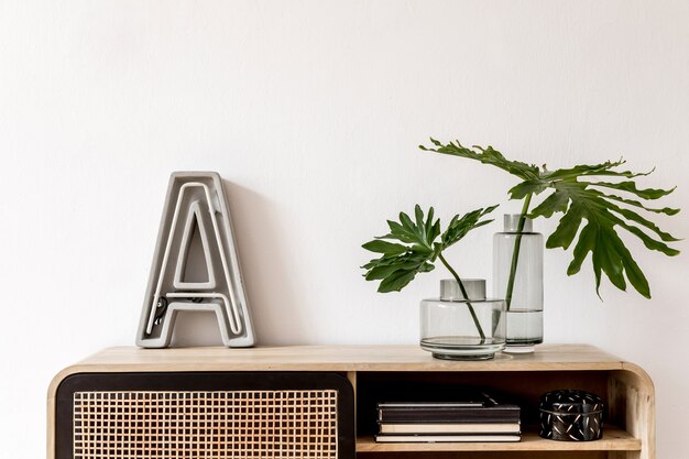 Composition élégante de l'intérieur du salon avec mur blanc, feuilles vertes dans un vase en verre sur la commode scandinave en bois. Concept minimaliste. Espace de copie. Modèle.