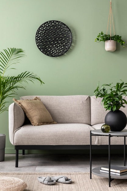 La composition élégante à l'intérieur du salon avec un mur vert, un canapé gris, une table basse, un ornement sombre et des accessoires personnels élégants Oreiller beige Appartement confortable Modèle xD
