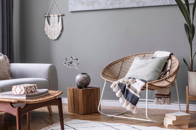 Composition élégante d'un intérieur de salon créatif et confortable avec canapé gris, table basse, fauteuil en rotin, plantes, tapis et beaux accessoires boho. Murs gris et parquet au sol.