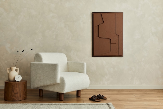 Composition élégante d'un intérieur de salon moderne et confortable avec peinture de structure sur le mur, fauteuil beige et accessoires personnels. Mur créatif neutre, moquette au sol en parquet. Modèle.