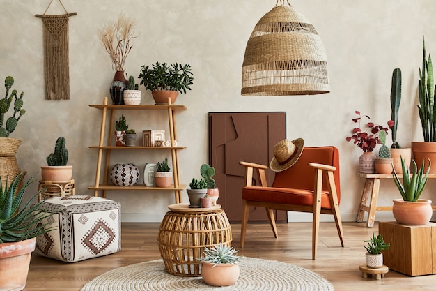 Composition élégante d'un intérieur de salon moderne avec peinture de structure, beaucoup de cactus et de plantes, fauteuil, étagères en bois et accessoires. Mur créatif, tapis au sol. Modèle.