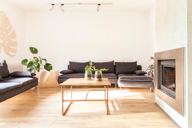 Composition élégante d'un intérieur de salon spacieux et créatif avec canapés, fauteuil, table basse, plantes, cheminée et accessoires. Murs neutres.