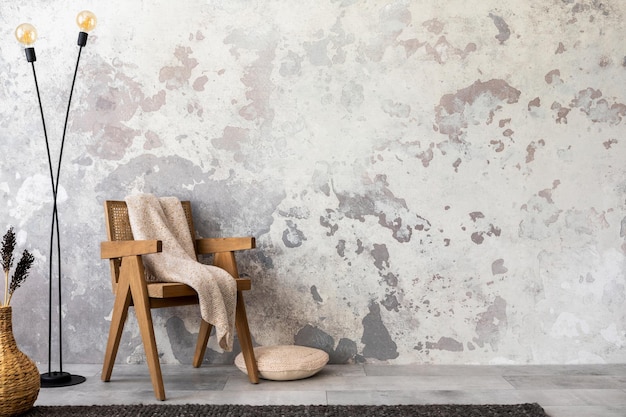 La composition élégante de l'intérieur wabi sabi avec espace de copie fauteuil avec plaid et accessoires personnels Mur de béton gris Modèle de décoration