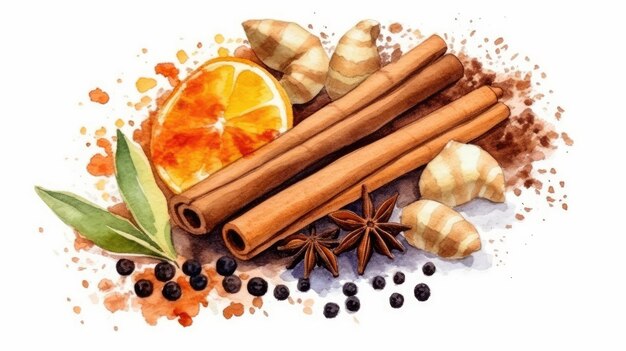 composition d'épices naturelles avec du sel, du poivre noir, du gingembre, des bâtons de cannelle et de la vanille sur blanc