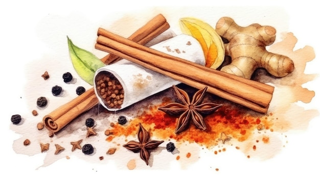 composition d'épices naturelles avec du sel, du poivre noir, du gingembre, des bâtons de cannelle et de la vanille sur le dos blanc