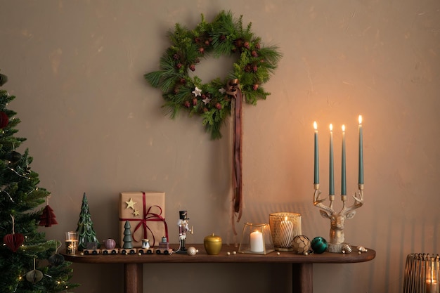 Composition esthétique de l'intérieur du salon de Noël avec console en bois