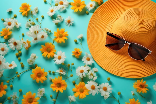 Composition d'été Fleurs blanches et orange Chapeau de paille et lunettes de soleil sur un fond turquoise Concept d'été Vue de dessus à plat