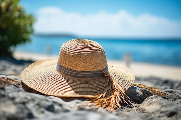 Composition d'été d'une plage ensoleillée avec un chapeau de soleil, des lunettes de soleil et des étoiles de mer sur le sable.