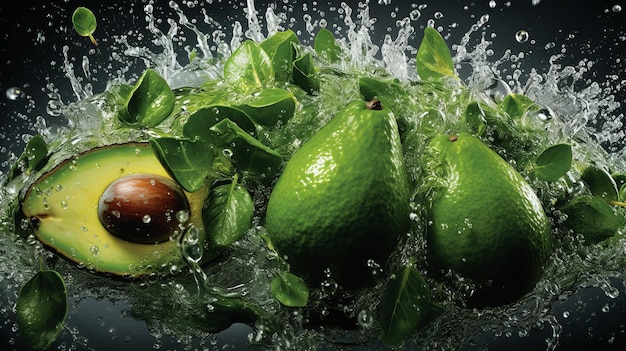 Photo composition exquise avocats mûrs et jus de citron vert frais avec de la rosée étincelante comme des gouttelettes