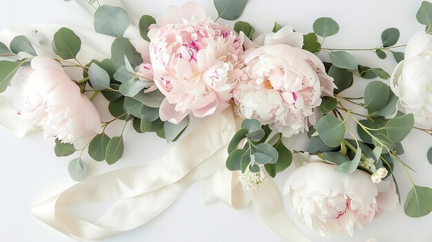 Photo composition féminine de table de mariage ou d'anniversaire avec bouquet de fleurs pe blanc et rose ia générative