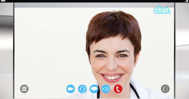 Photo composition d'une femme médecin souriante sur l'écran de l'interface d'appel vidéo